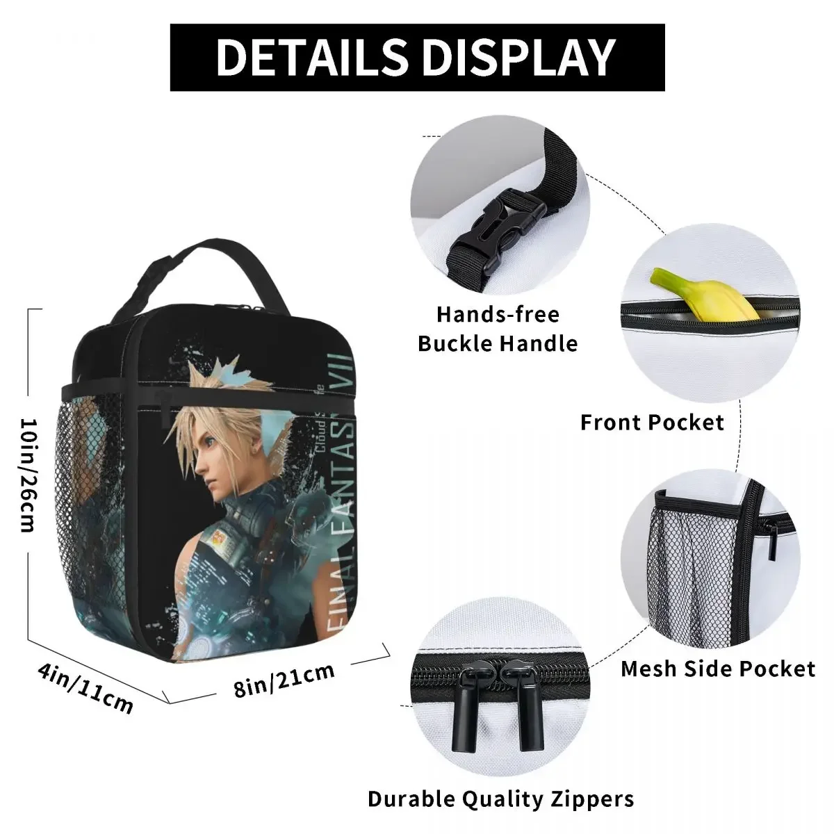 Cloud Strife Final Fantasy 7 Games Insulated Lunch Bag For School FF7 Food Storage Bag Portable Cooler Thermal Bento Box