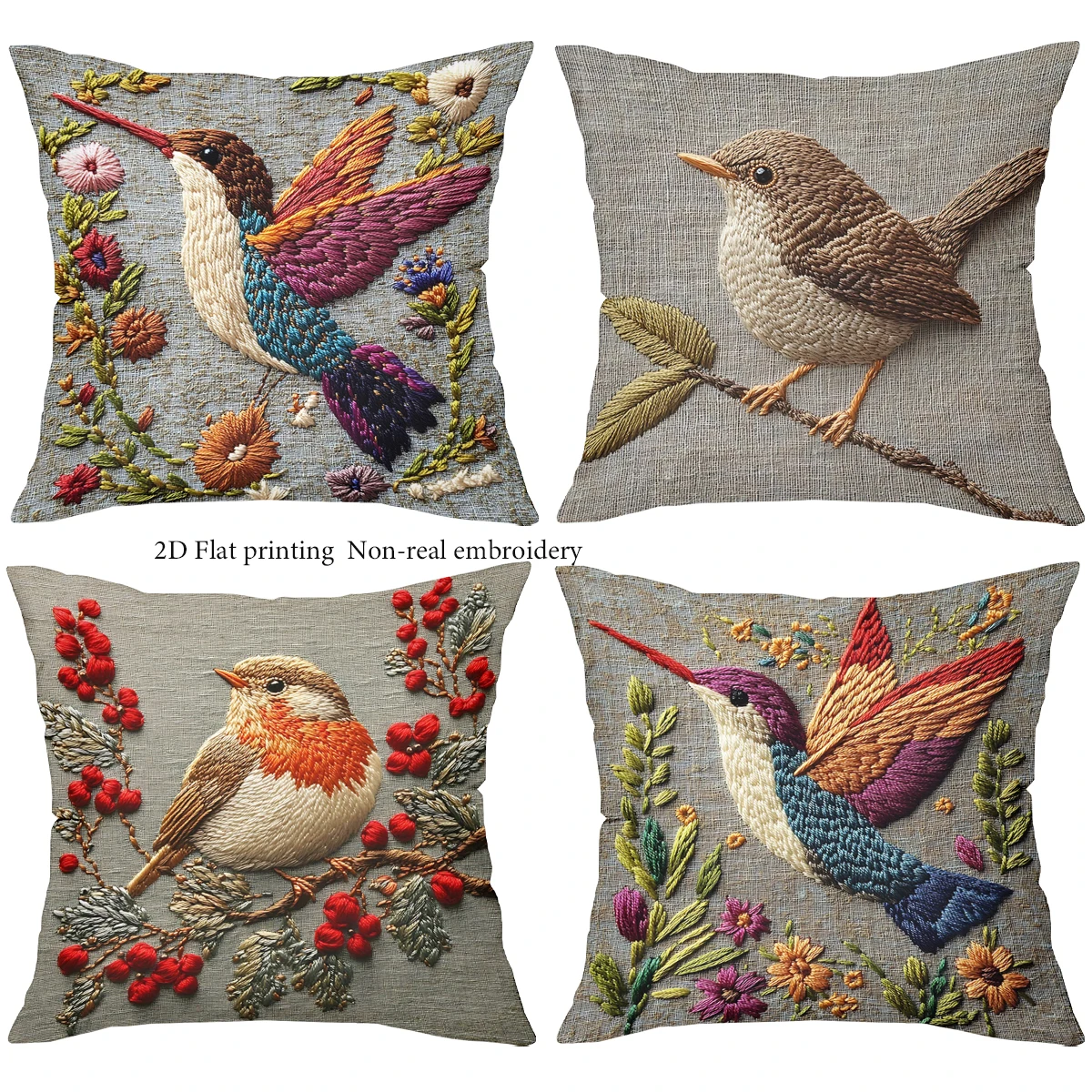 2D flat printing Embroidered Bird Floral Pattern Decorative Cushion Polyester pillowcase sofa decorative cushion cover