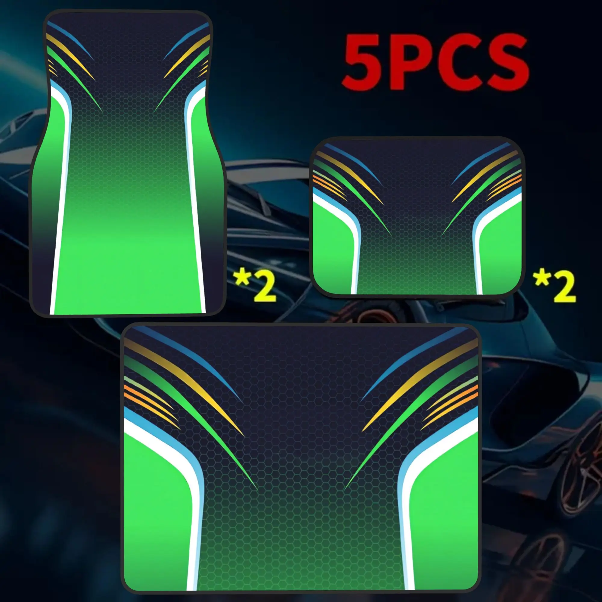 2D Flat 5pcs Race Track Honeycomb Print 4 Car Floor Mats And 1 Car Trunk Mat Set, Stylish Vehicle Additions, Perfect Gift For Ha