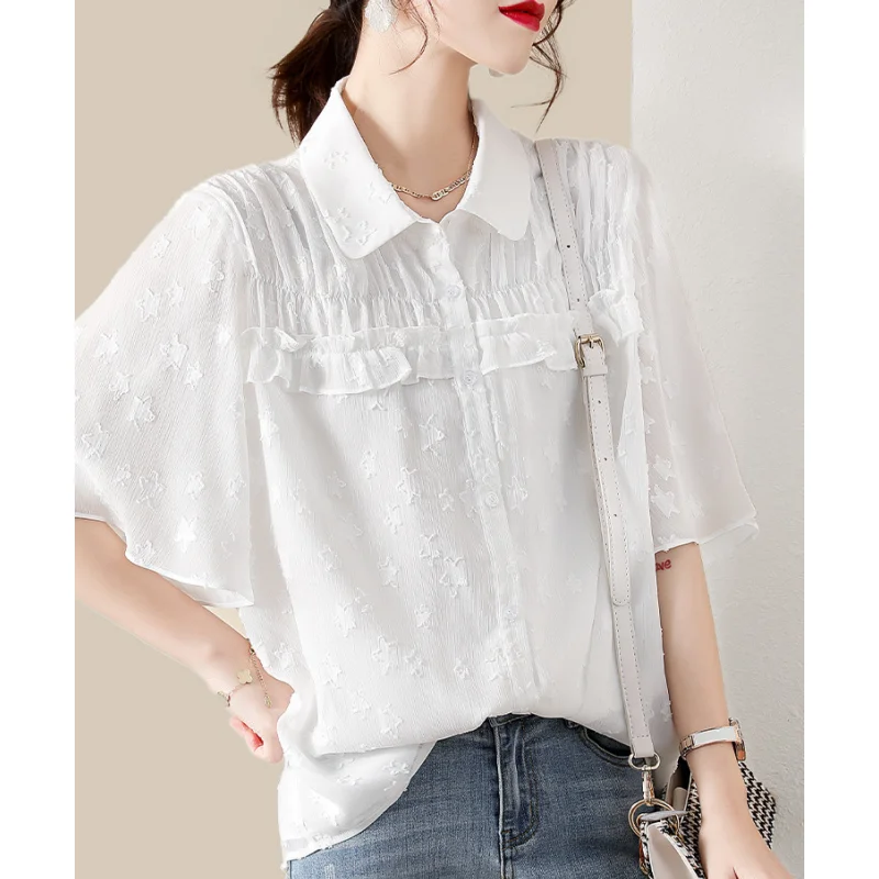 Chiffon Thin Fashion Blouse Summer New Short Sleeve Polo Neck Button All-match Solid Shirt Tops Elegant Office Women Clothing