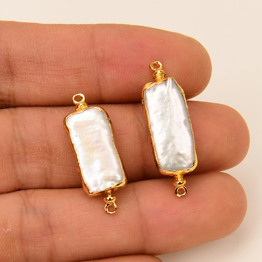 10 Pcs Natural Pearl Freshwater Biwa Pearl Rectangular shape Glod Plated For DIYDouble Ring Jewelry Finding