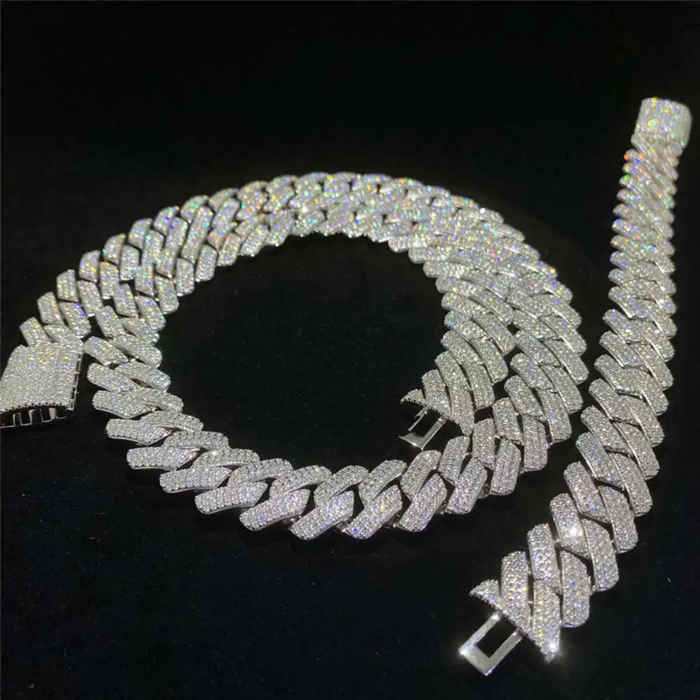 Luxury Factory Wholesale Hip Hop High Quality Box Buttons 3-row Diamonds Moissanite 18mm 925 Silver Cuban Chain Necklace Mens Je