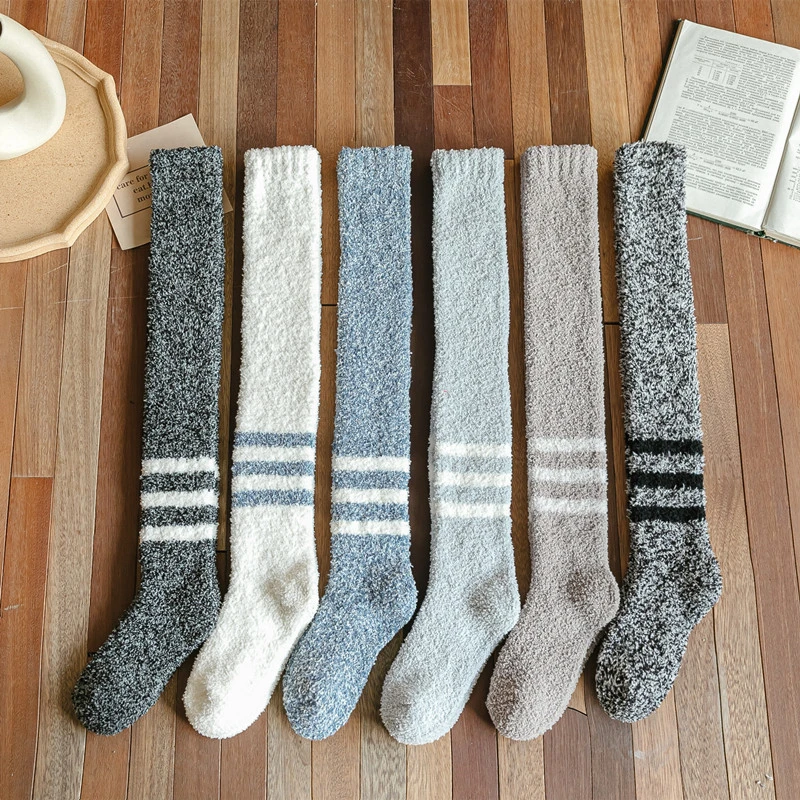 Men Winter Long Socks Coral Velvet Over Knee Warm Thicken Striped Fleece Fluffy Socks Floor Sleeping Homeware Soft Male Socken