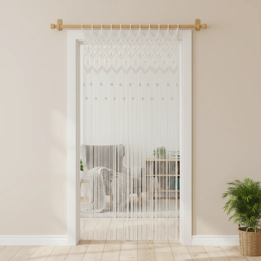 Bohemian Macrame Door Curtain White Cotton Yarn, 4x6.4ft Boho Woven String Cover with Exquisite Edges for Living Room Bedroom Hallway, Wedding Arch Ceremony & Outdoor Celebration Backdrop