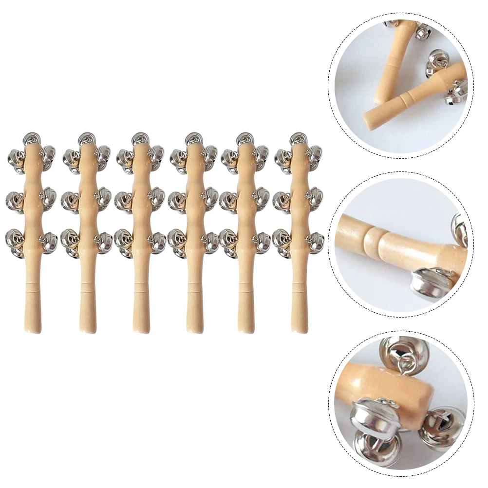 6pcs Wood Rattle Baby Hand Jingle Bells Smooth Safe Grip Musical For Newborns Rhythm Development Attractive Sound Small Easy