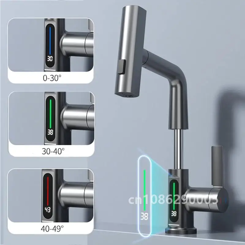 

Waterfall Temperature Digital Display Basin Faucet Lift Up Down Stream Sprayer Hot Cold Water Sink Mixer Wash Tap For Bathroom