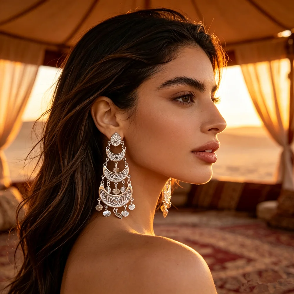 Luxury Bridal Layered Moon Drop Earring Antique Silver Carved Hollow Design Matching Traditional Arabic Wedding Gown