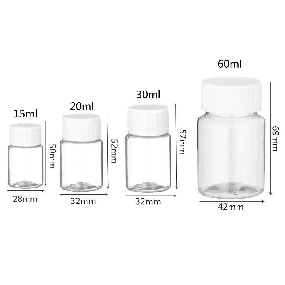 120pcs/lot 15/20/30/60ml Plastic Clear empty PET pill bottle with normal screw cap, empty capsule bottle with good quality