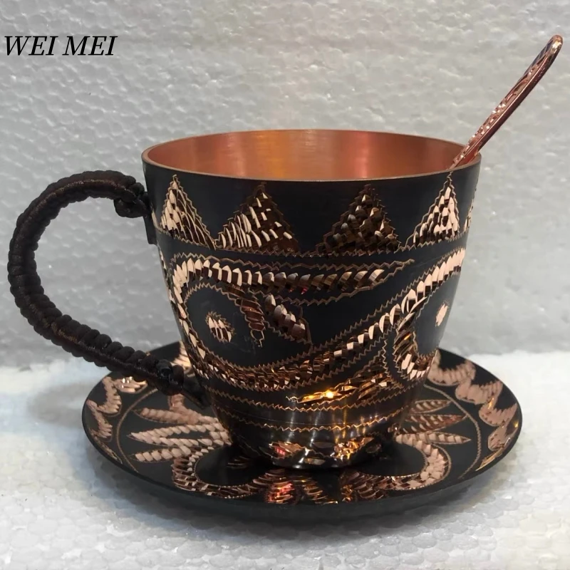 

Vintage Copper Tea Mug,With Disc Spoon Coffee Cup,Handcrafted Carving Unique Art Flower Texture Friends Gift Home Cup Tableware