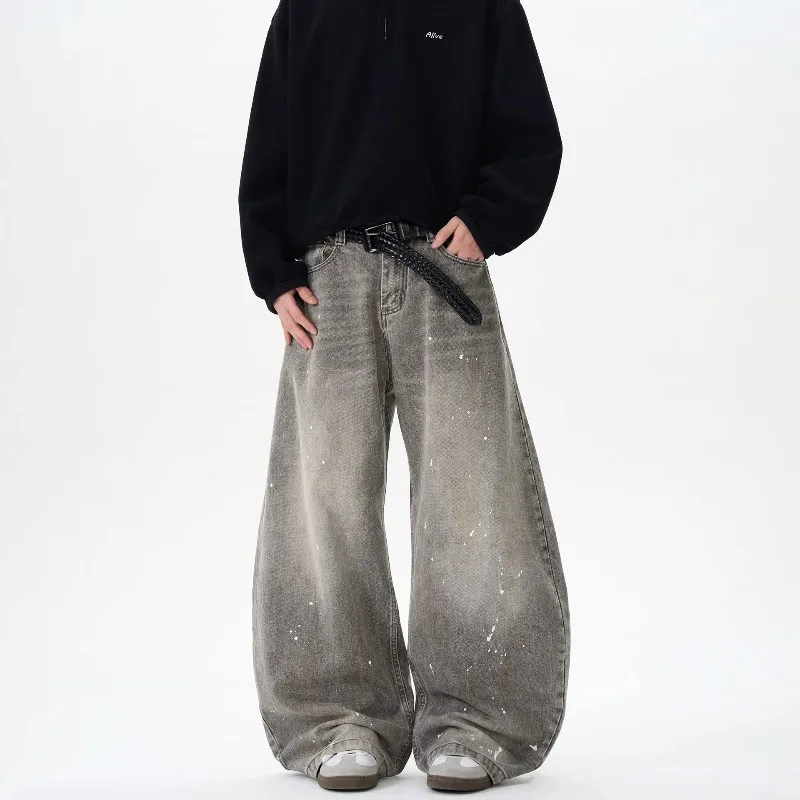 Men Grey Splatter Jeans Straight Leg Loose Curved Wide Leg Washed Vintage High Street Pants Casual Trousers