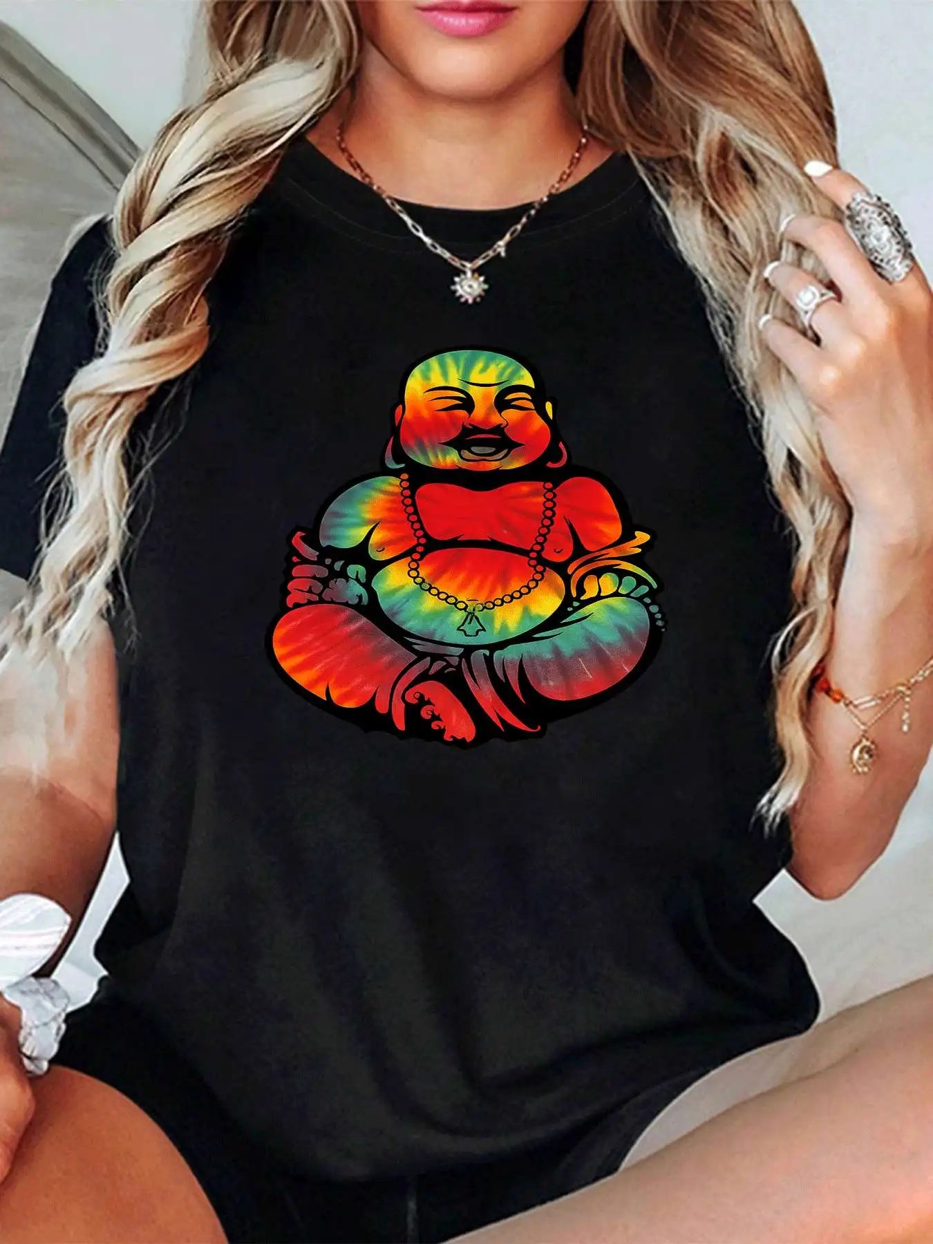 

【1021743】 Женская футболка больших размеров с круглым вырезом и короткими рукавами, эластичными рукавами и модными принтами