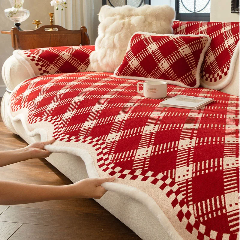 Red Christmas Plaid Printed Sofa Cushion Luxury Non-Slip Warm Sofa Cover for Four Seasons Soft Anti Cat Scratch Home Textile