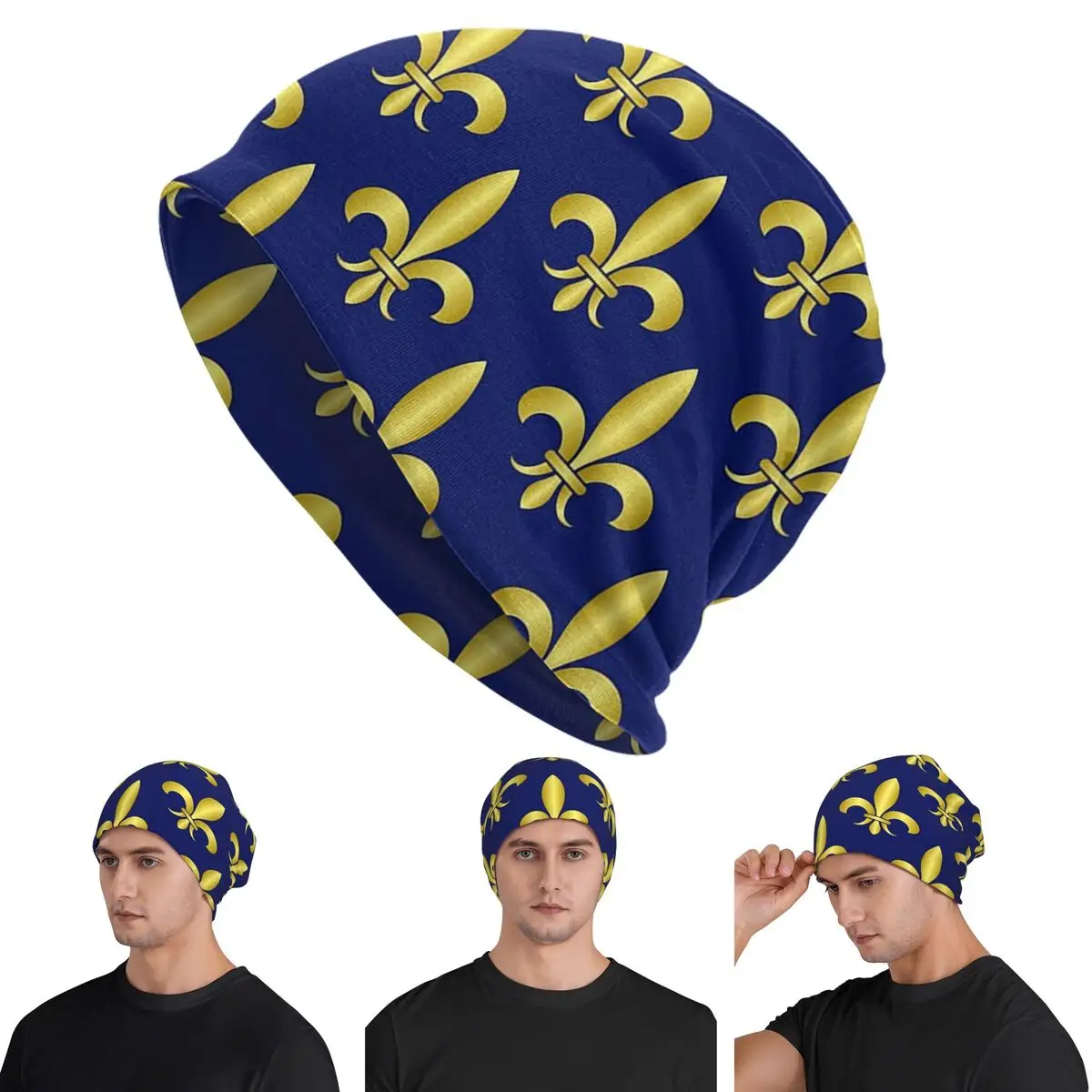 

Gold Blue Fleur De Lis Royal Lily Skullies Beanies Hats Warm Autumn Winter Outdoor Cap Knitted Bonnet Caps for Men Women Adult