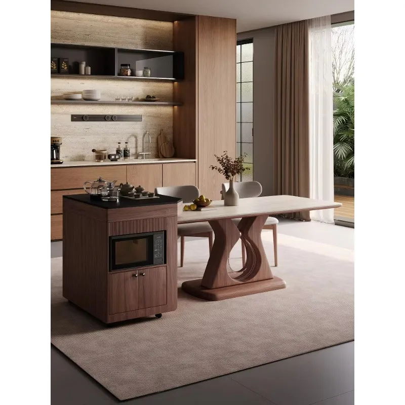 Solid Wood Vintage Medieval Style Rock Slab Island Dining Table All-in-one Retractable Household Walnut Color Rectangular