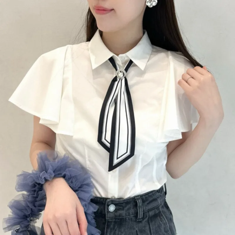 Ruffled Short Sleeve Shirts & Blouses Lapel Neck Lace-up Bow Blusas Japanese Camisas Sweet Ropa Mujer 2025 Summer New Tops