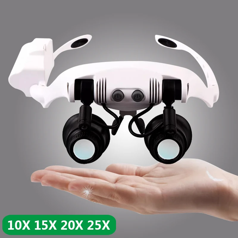 Magnifying Glasses 10X 15X 20X 25X 2LED Light Lamp Head Loupe Jeweler Headband Magnifier Eye Glasses Optical Glass Tool Repair