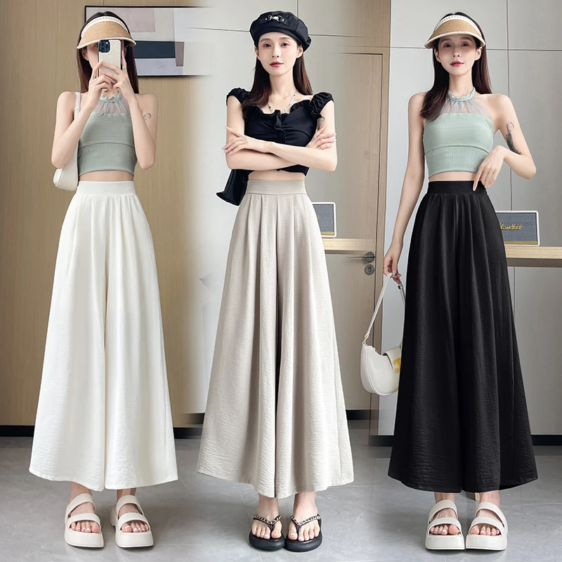 2024 New Arrival Summer Women All-matched High Waist Thin Soft Ankle-length Pants Casual Loose Elastic Waist Wide Leg Pants V21