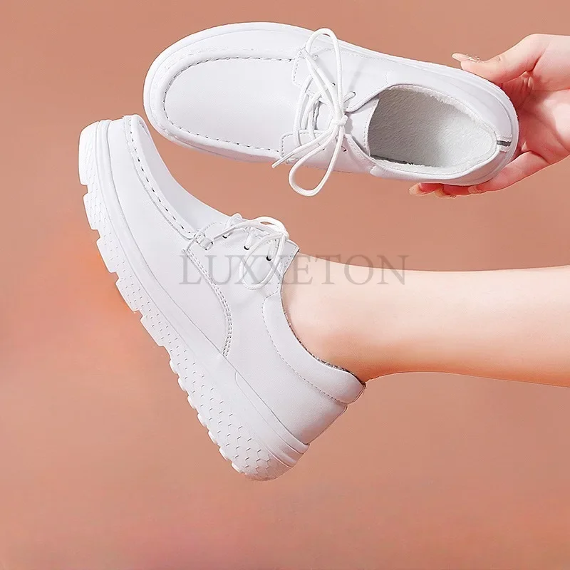 Genuine Leather Lace Up Nurse Shoes for Women Soft Soles in Autumn and Winter Plush Thick Soles Anti Slip Bottomed Work Shoes