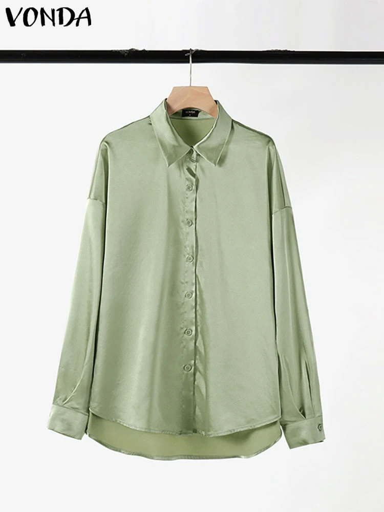 

VONDA Autumn Women Long Sleeve Shirts Elegant Office Lady Blouse 2025 Satin Tops Silk Casual Loose Solid Color Lapel Collar Tops