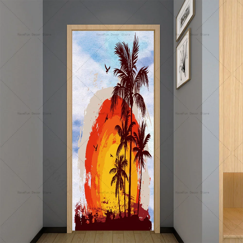 3D Watercolor Door Sticker Vinyl Peel and Stick Color Oil Painting Forest Town Sticker Room Door Mural Home Decoration Wallpaper