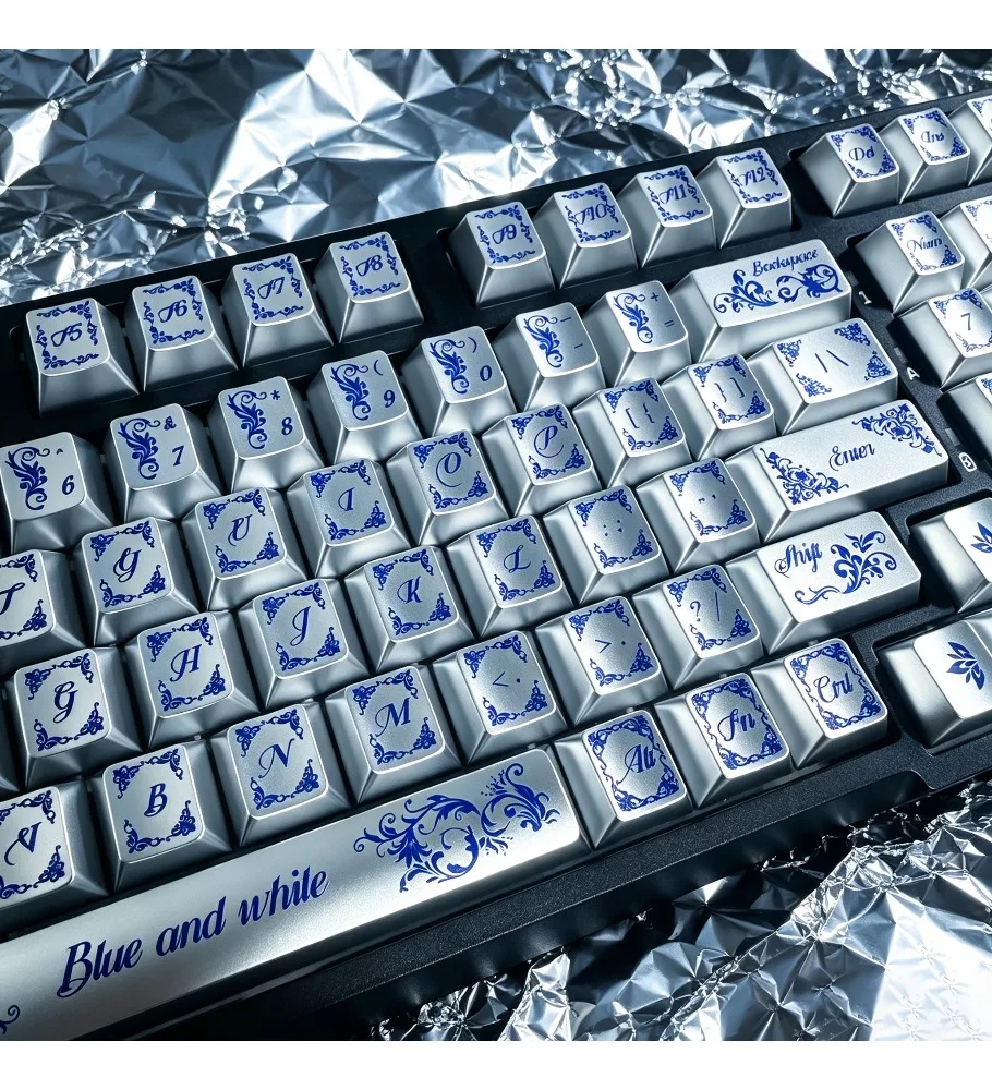 Mechanical keyboard cap royal blue and white shadow wooting blue and white porcelain metallic paint keycap silver glossy