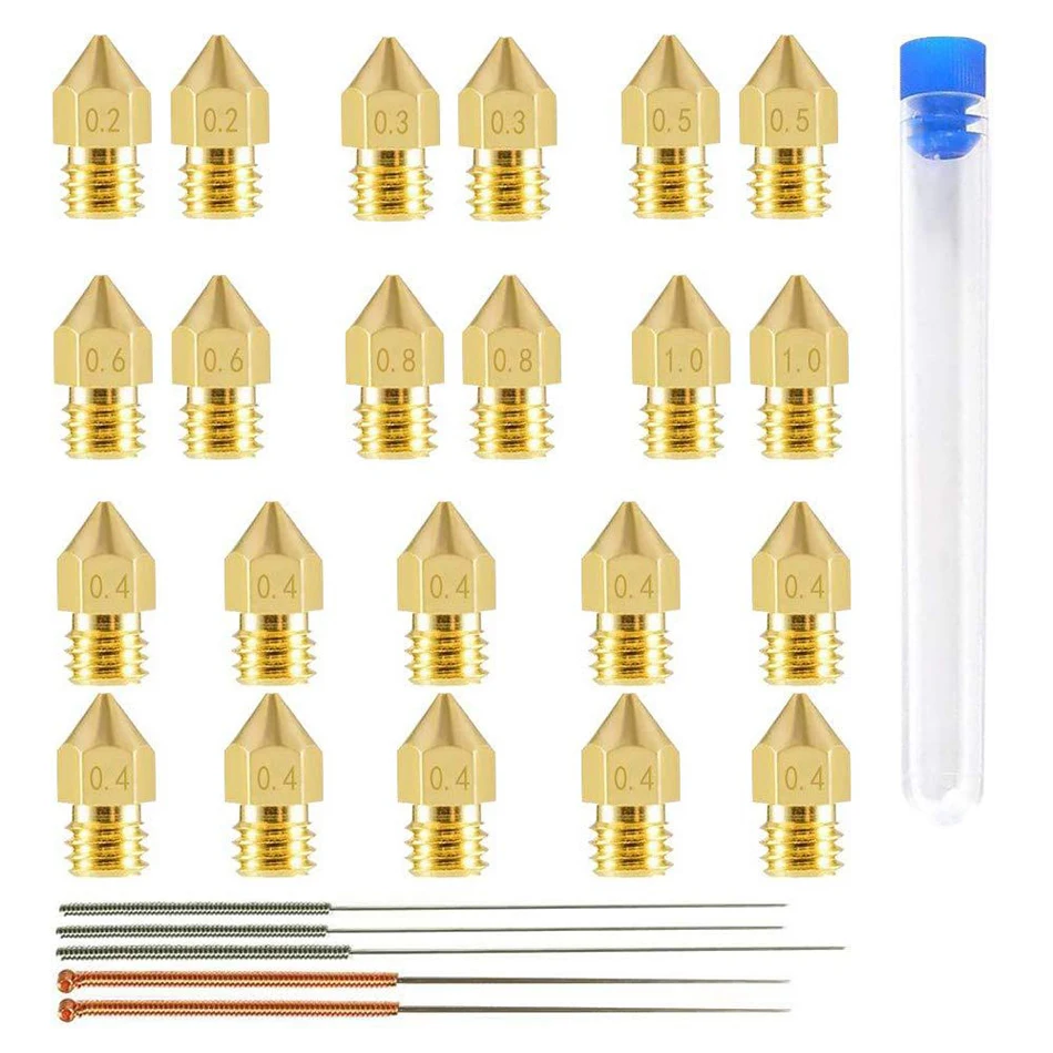 

MK8 Nozzle for 3D Printer, 22Pcs M6 Brass Extruder Head Hotend Nozzles 0.2/0.3/0.4/0.5/0.6/0.8/1.0mm Cleaning Needles for 1.75mm