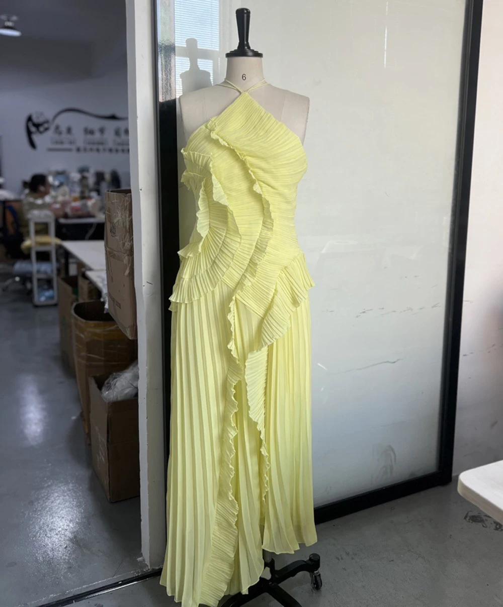 

New fashionable summer ruffled elegant sleeveless backless long chiffon dress for women's casual wear-GZXXX379