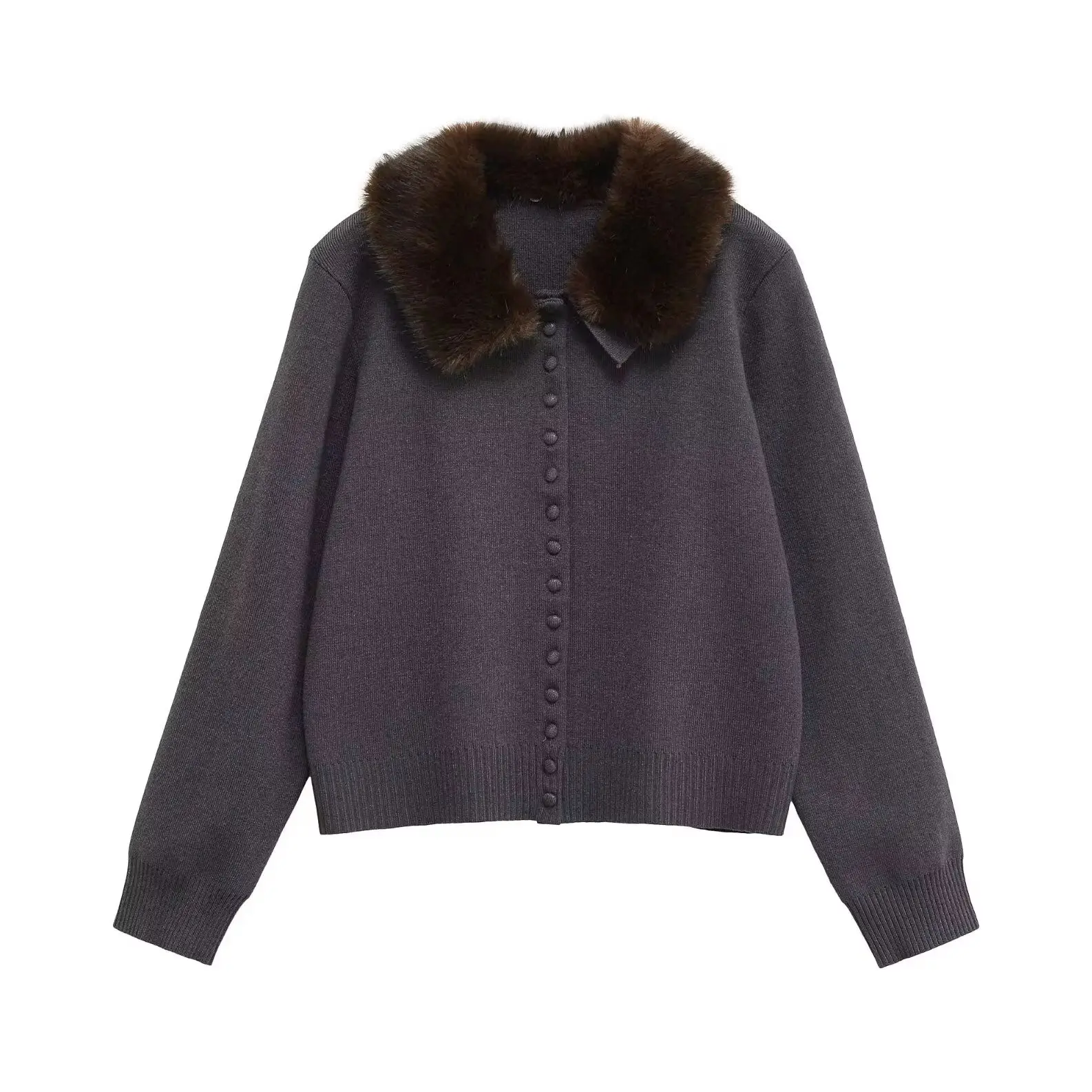 KONDALA Fashion 2025 Women Gray Fall Vintage Patchwork Faux Fur Lapel Elegant Sweaters Single Breasted Knitwear Female Cardigans