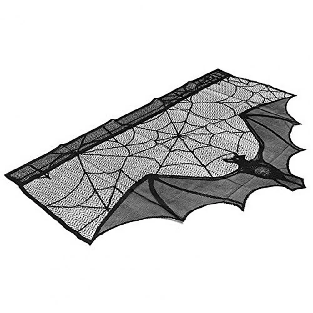 Black Lace Decor Curtain Spooky Halloween Lace Decorations for Haunted House Party Window Valance Fireplace Mantles Bat Spider