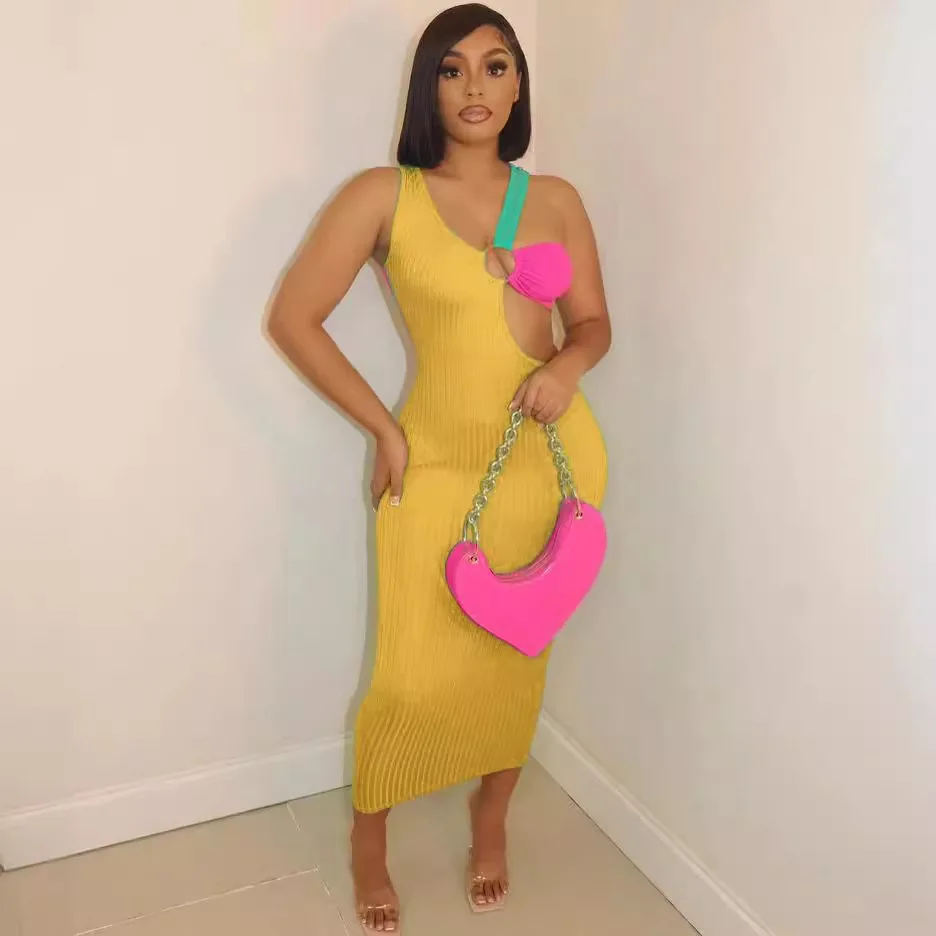 2025年夏ファッション セクシーでエレガントなパーティー、プロム、ホリデー、旅行に最適な女性用マルチカラースリムノースリーブミディ丈ワンピース（スリーシスターズ）