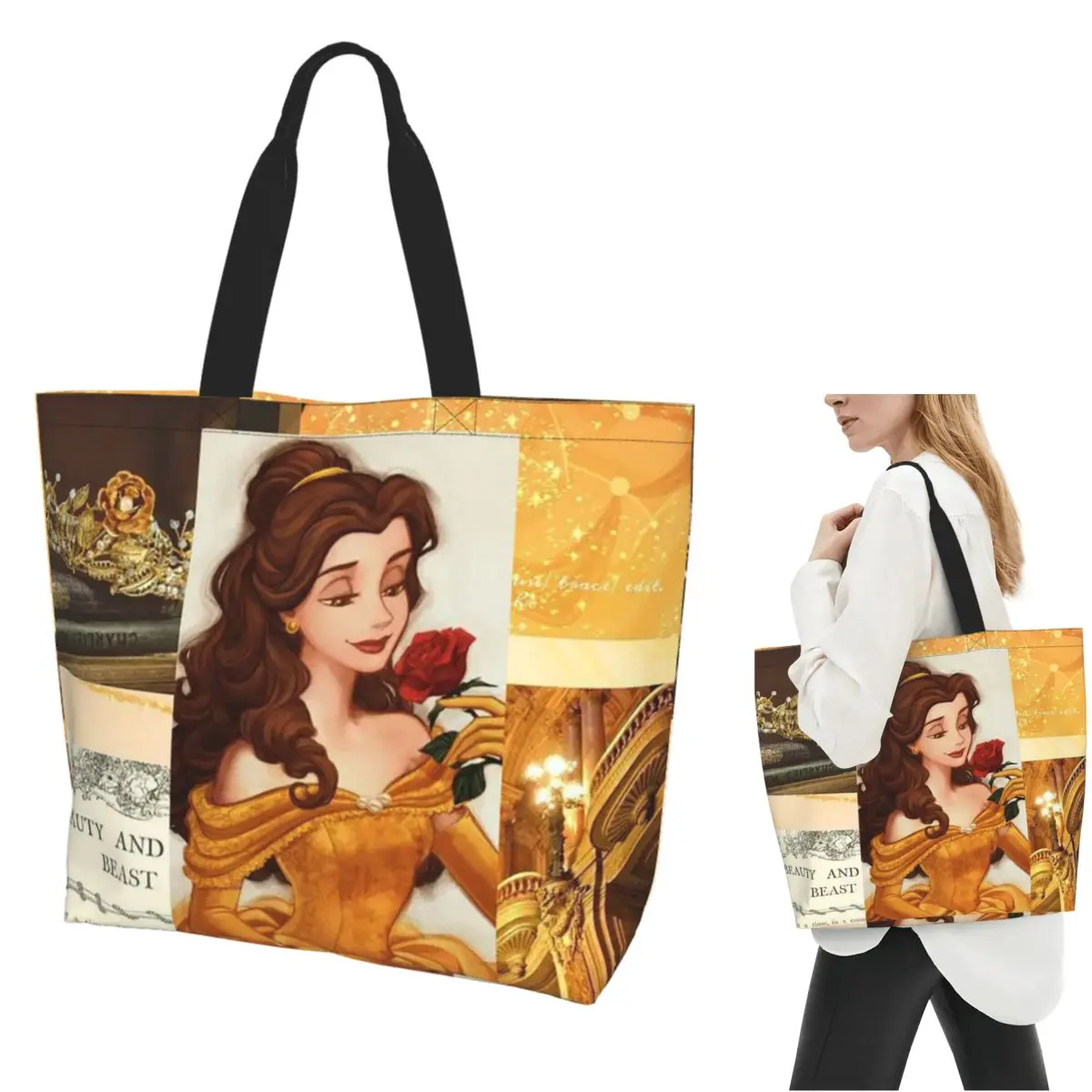 

Beauty And The Beast Shopping Tote Bag Canvas Large Capacity Shoulder Bags Shopper Grocery Handbag for Women