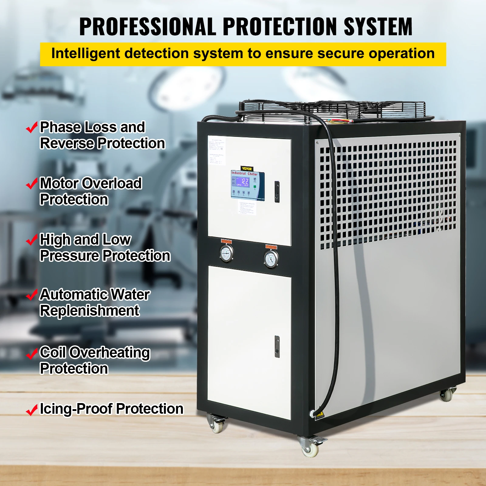 VEVOR da 5 a 15 tonnellate raffreddato ad aria compressore refrigeratore industriale condensatore alettato controllo Micro-Computer serbatoio dell'acqua in acciaio inossidabile