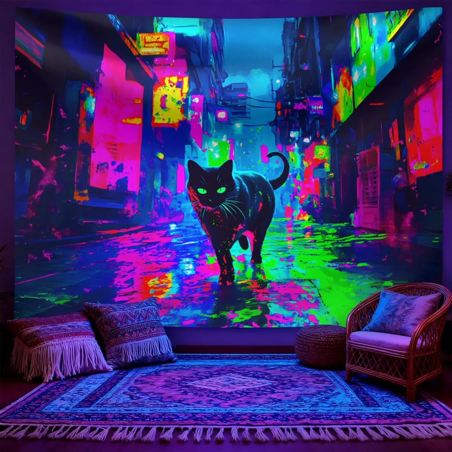 Cyberpunk Neon Katzen-Wandteppich, Heimdekoration, Kunst, Polyester-Überwurfdecke, Street-Style Loft Wohnzimmer-Dekor, Poster zum Aufhängen