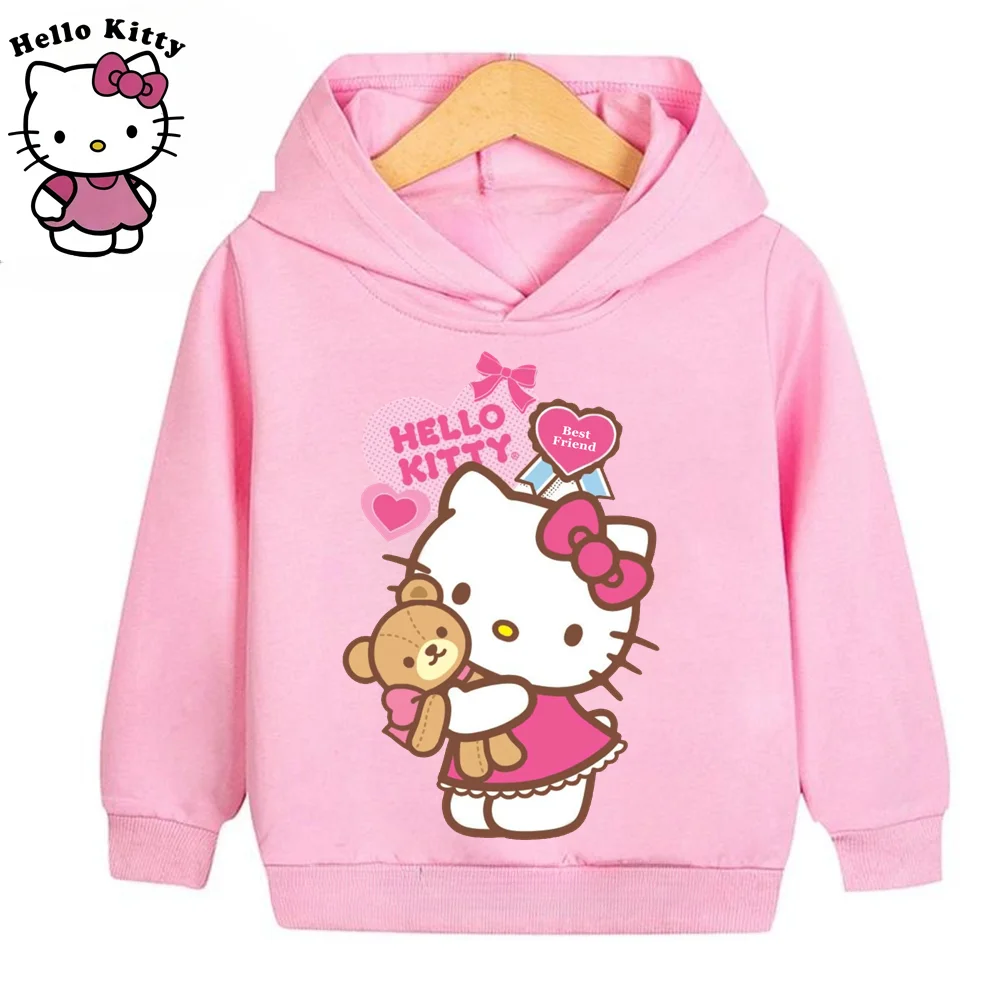 Kawaii Anime Hello Kitty Children Hoodie Pullover Kid Girl Boy Clothing Spring Autumn Cartoon Cute Cat Printed Casual Sweatshirt