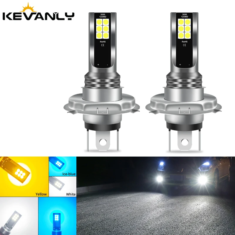 kevanly 2Pcs Car H4 Fog light H7 LED 9005 9006 Daytime Running Light 3030 12SMD 6000k White Car DRL Fog Lamp Brake Light Bulbs