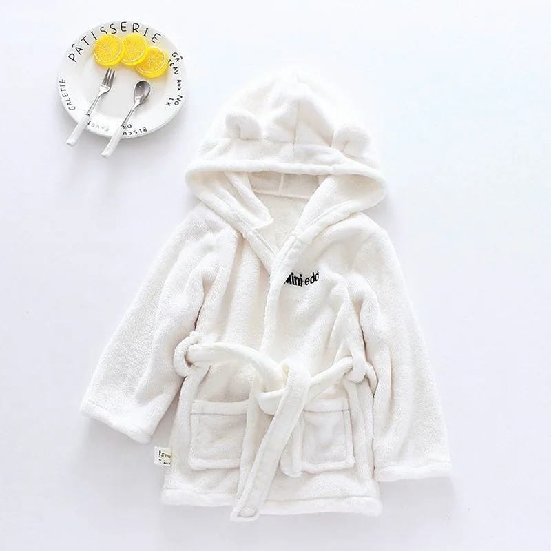 Children\'s Flannel Hooded Bathrobe Wear Home wear Cute Baby Bathrobe Warm Boys Girls Soft Solid Home Clothes