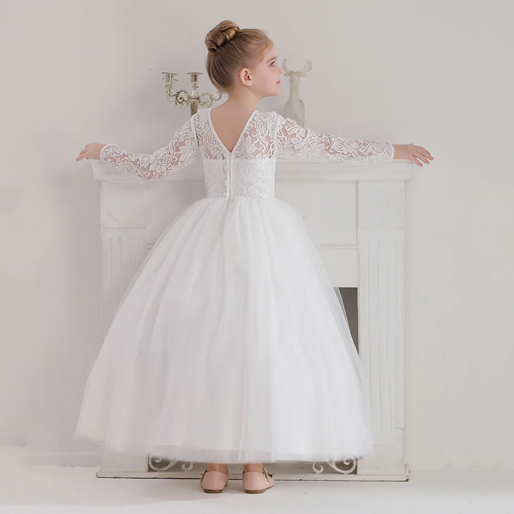 8-16 Years Children's Lace Elegant Dresses Girl Evening Dresses Violin Performance Long Sleeve Birthday Party Ball Gown