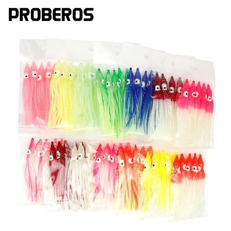 PRO BEROS 5Pcs Soft Luminous Octopus Skirts Lure 5-12cm Silicone Tuna Trolling Skirted Squid Jigging Sea Fishing Glow Bait