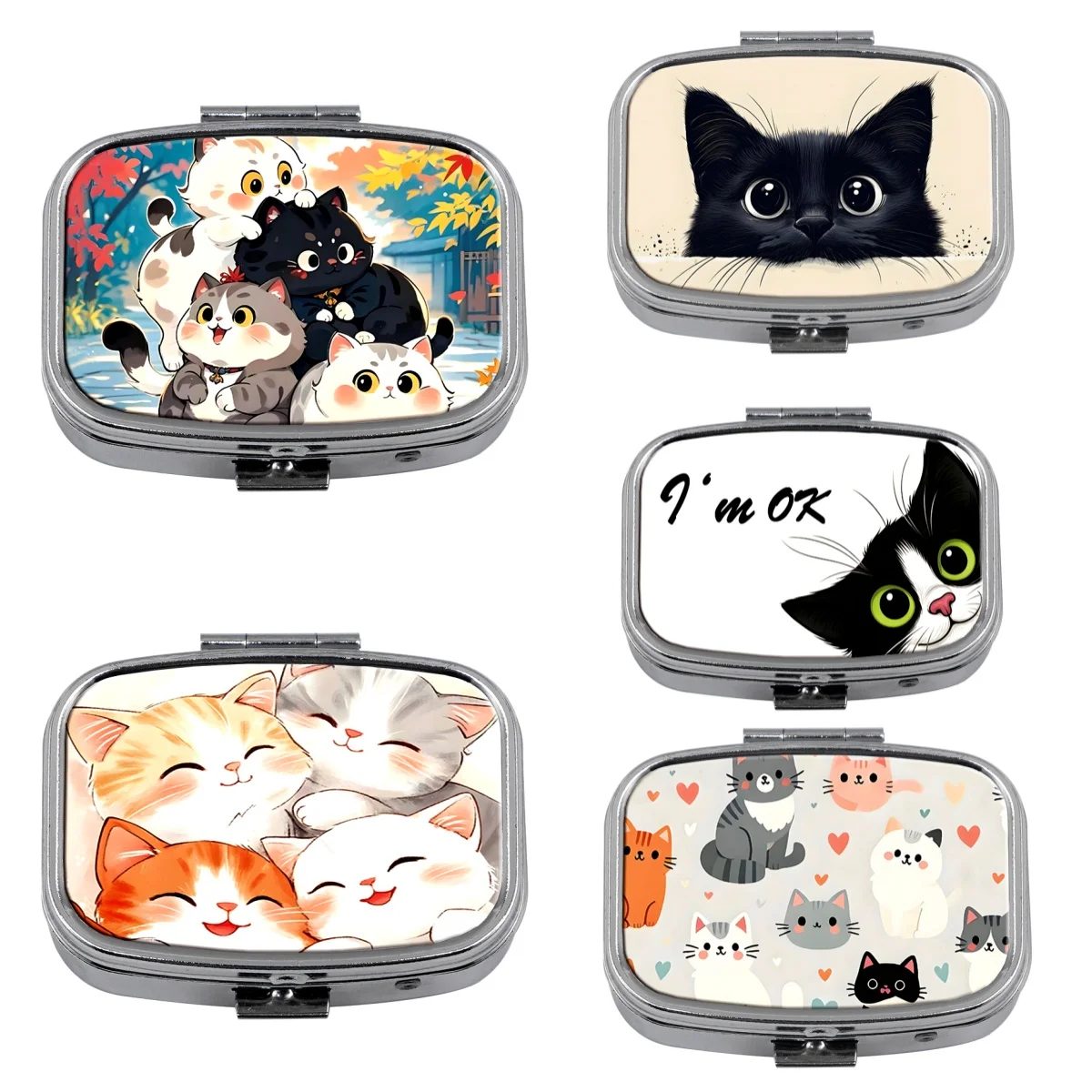 

Cute Cat 2 Compartments Metal Medicine Box Portable Travel Decorated Sealed Small Pill Organizer Container Storage