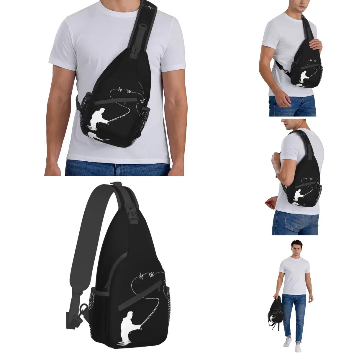 Fly Fishing Heartbeat Sling Bags Chest Crossbody Shoulder Sling Backpack Outdoor Sports Daypacks Cool Fly Fisherman Printed Pack