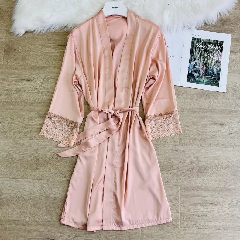 Bata de novia de encaje blanco Sexy para dama de honor, bata de boda para primavera y verano, ropa de dormir para mujer, bata de baño tipo kimono, camisón de satén suelto, ropa de casa