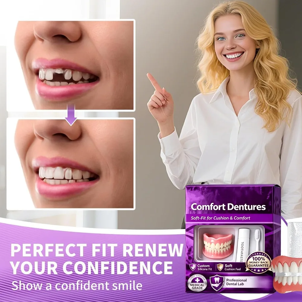 Full Set Natural Dentures Upper & Lower Silicone Fake Teeth Braces Comfort Fit Instant Smile Oral Care For Men Women