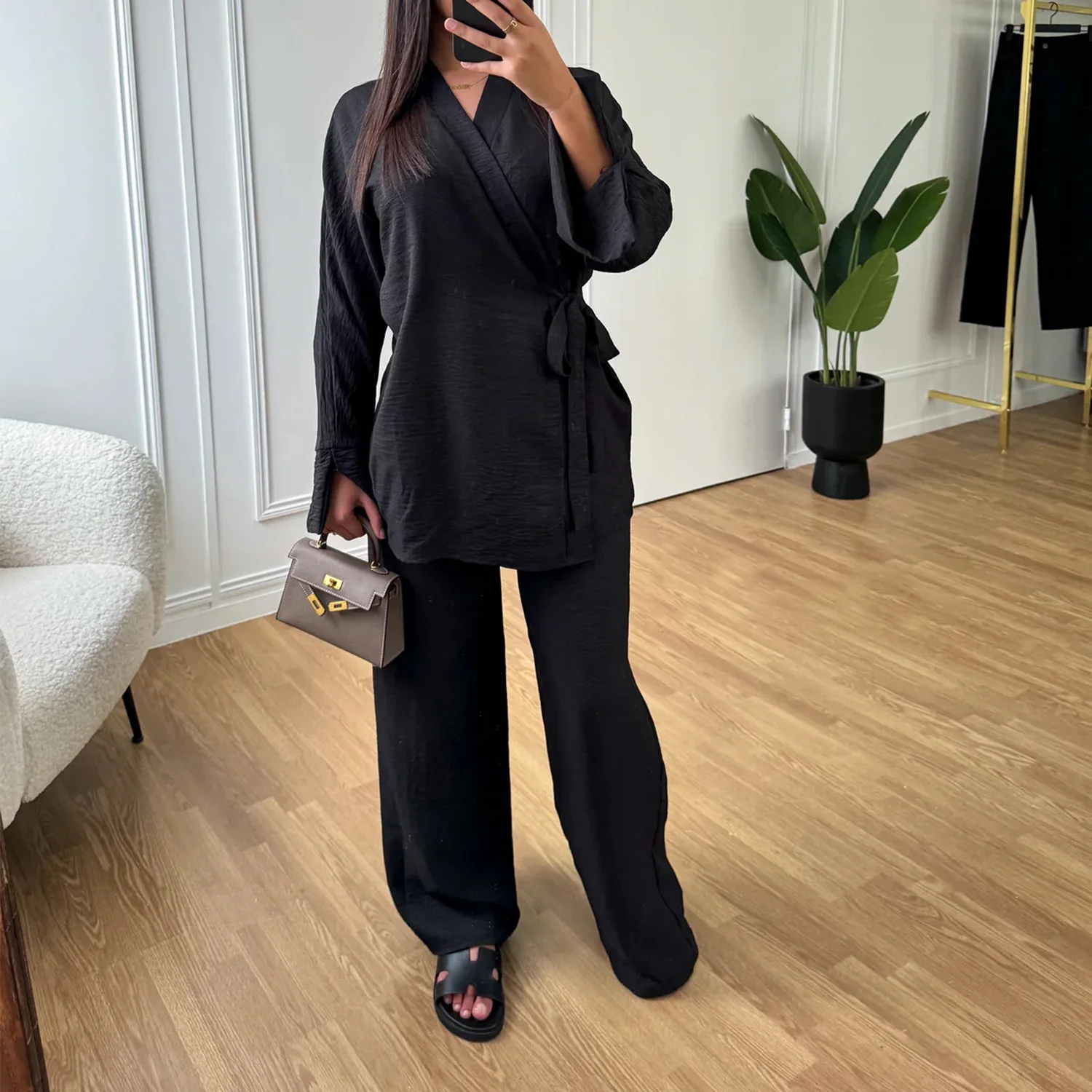 Donne Musulmane Set di Corrispondenza Islam Abbigliamento Abiti Camicetta Pantaloni Vestito Kimono Lace Up Top Pantaloni Dubai Femme Musulmane Ensembles