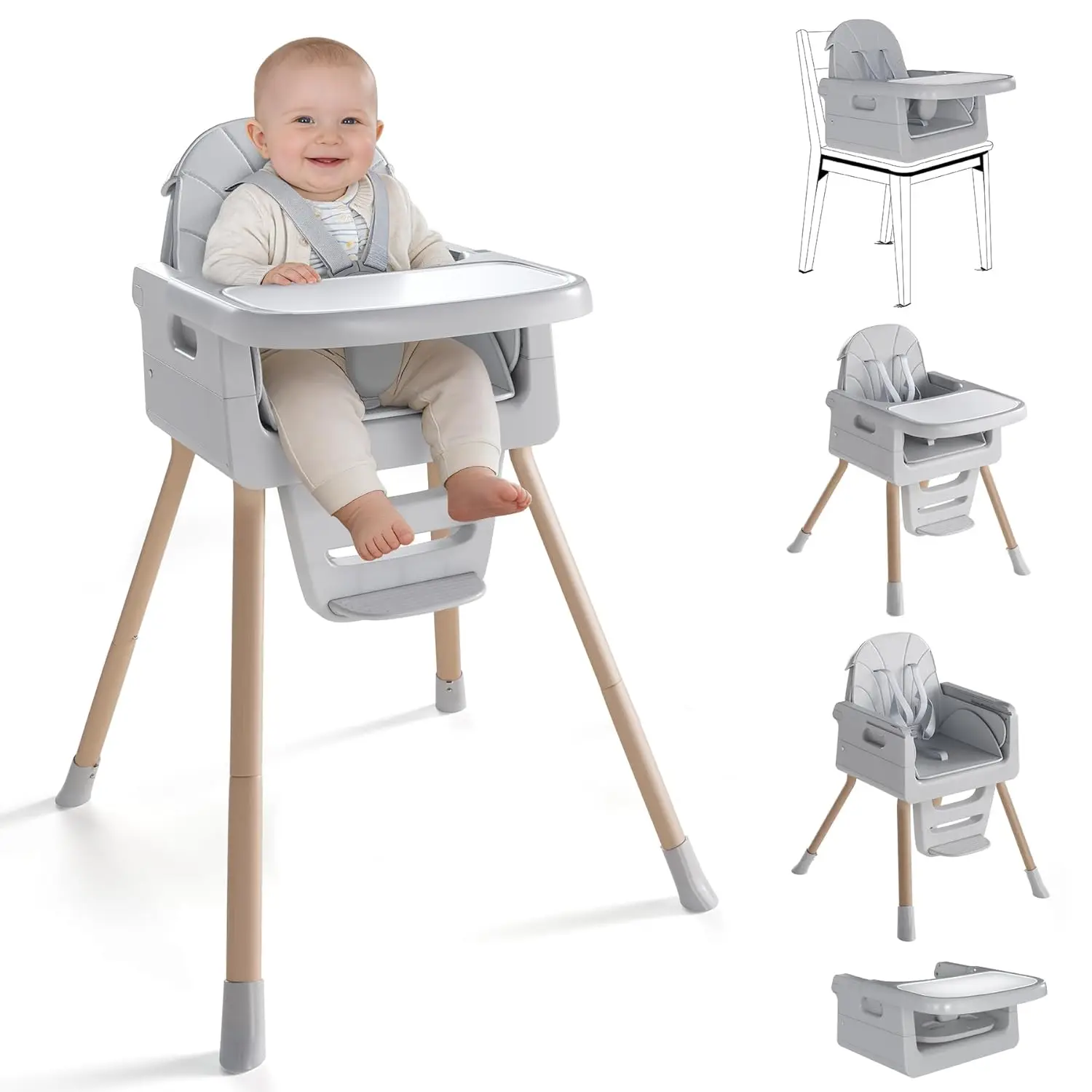 

Foldable High Chair for 6 Months+, Adjustable Tray & Footrest, Easy to Clean, Grey with Wood Grain