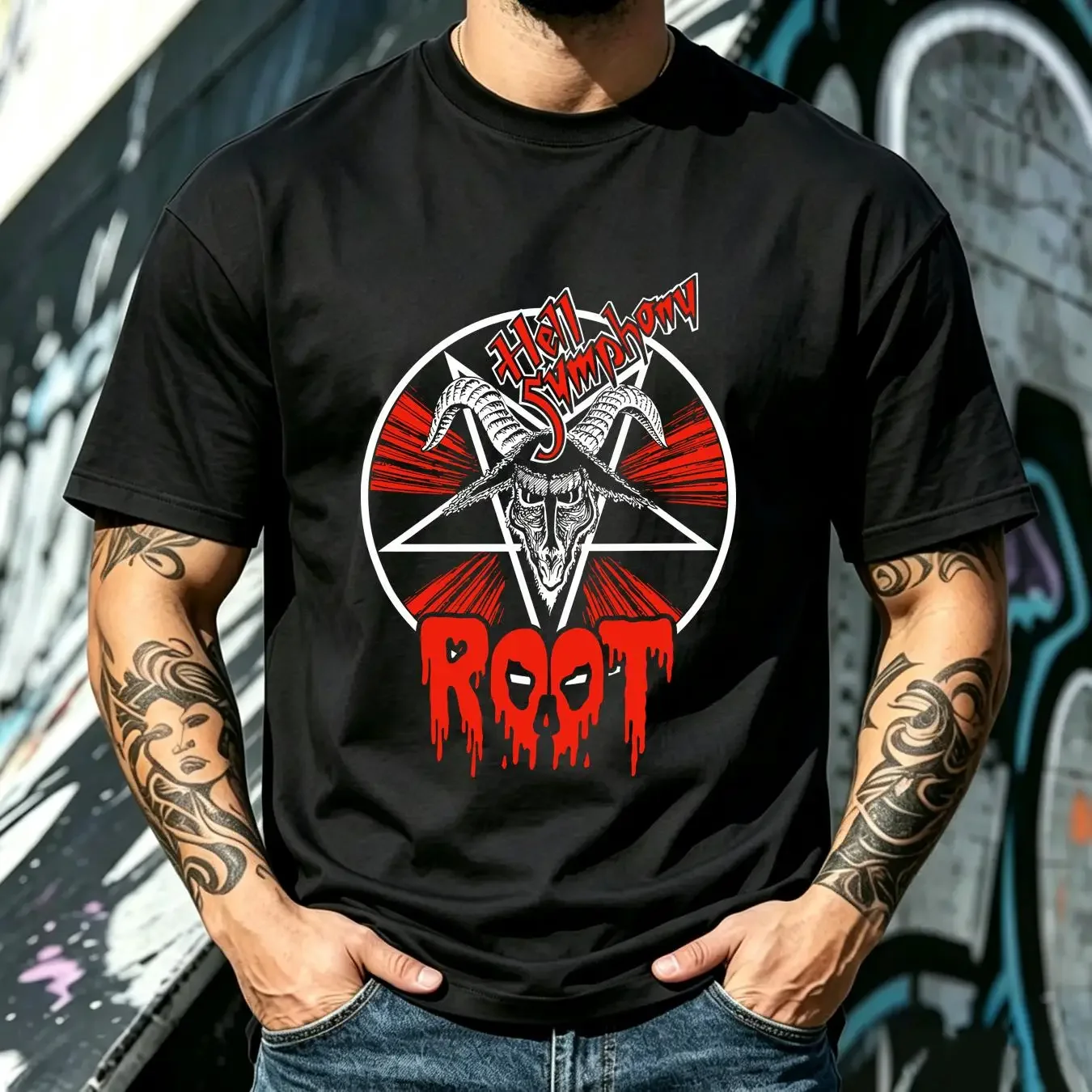 washed T Shirt ROOT Hell Symphony XL Black Mens long or short sleeves vintage Washed graphic streetwear Breathable