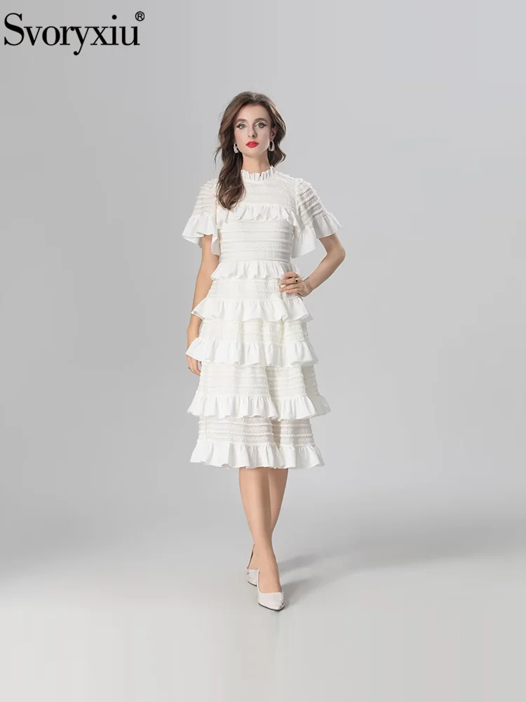 

Svoryxiu Fashion Runway Summer White Elegant Knee-Length Dress Women's Flounces Collar Short Sleeve Cascading Flounces Dress