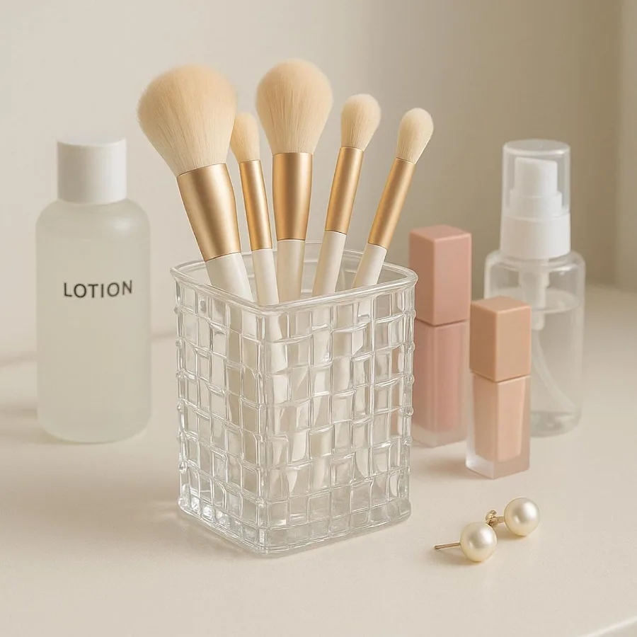 حامل أقلام أكريليك، حامل فرشاة مكياج شفاف مع نسيج منسوج، حامل قشرة أنيق شفاف لعلبة تنظيم كأس القلم المكتبي #6