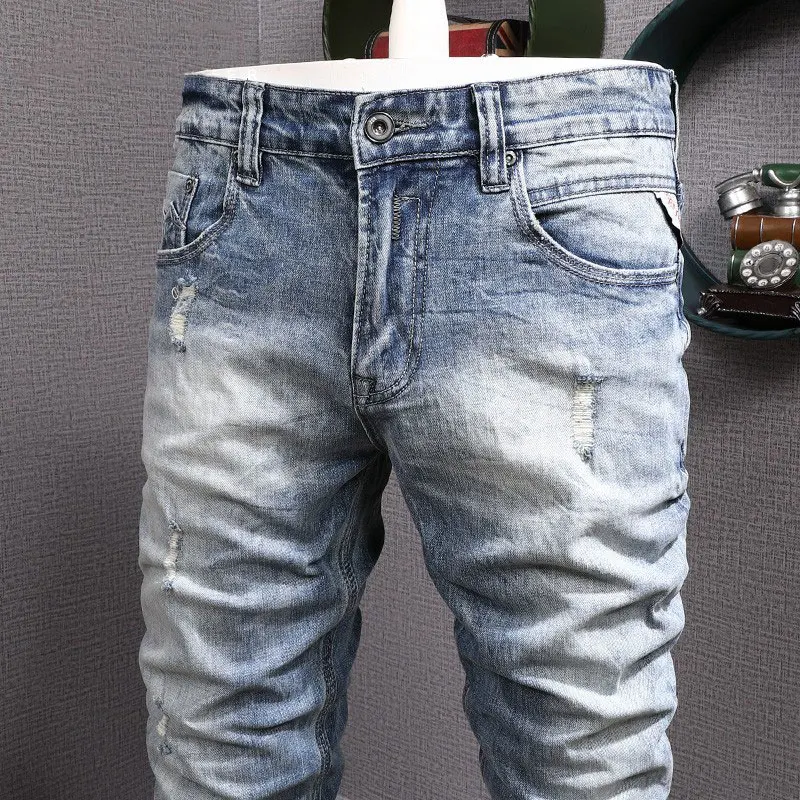 Fashion Designer Men Jeans Retro Light Blue Elastic Slim Fit Ripped Jeans Men Vintage Trousers Korean Style Denim Pants Hombre