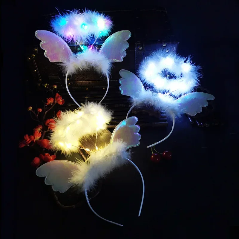 Event Adult Children Girl Glow Angel Feather Headband Light Up Fairy Halo Glow Party Hairband Birthday Glow Party Supplies - Image 2