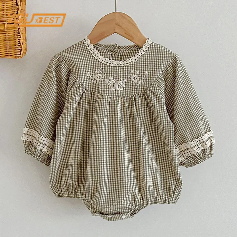 

Newborn Kids Baby Girls Long Sleeve Sweet Embroider Grid Princess Rompers Autumn Infant Baby Girls Rompers Clothes